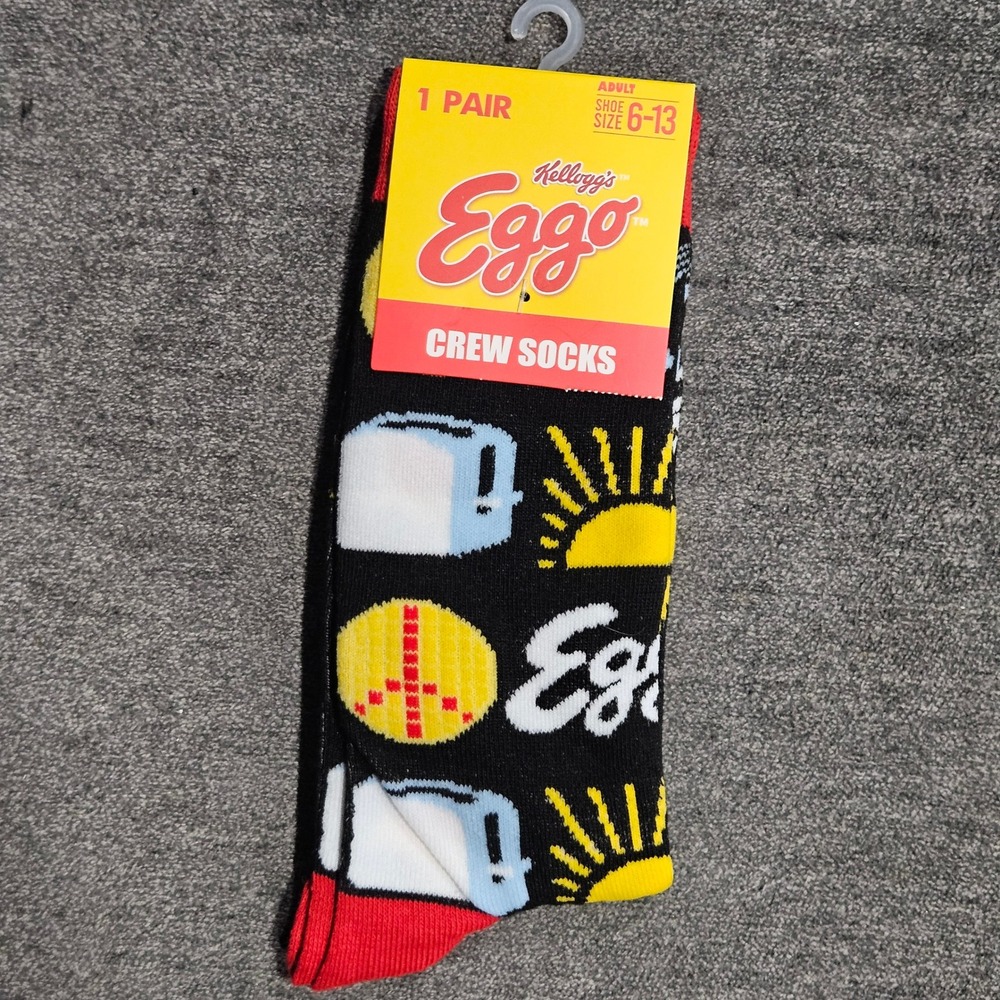 Kelloggs Eggo Waffle Mens Crew‎ Socks Black Toaster Graphic Shoe Size 6-13 NEW